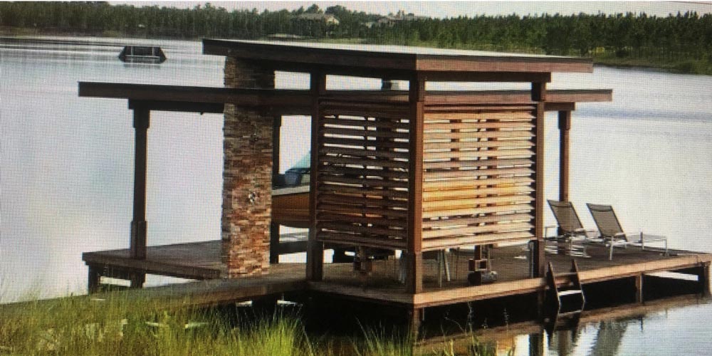 Photo of deck / dock with wood and stone arbor